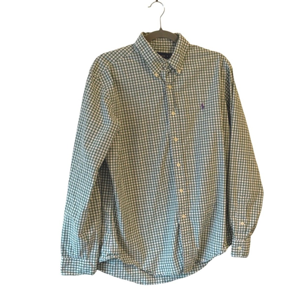 Ralph Lauren Mens Plaid Button Down Shirt Green White Large Long Sleeve Pony